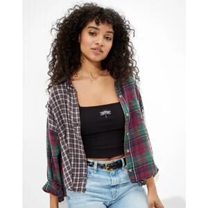 AE Cropped Mixed Plaid Flannel Shirt Size Medium